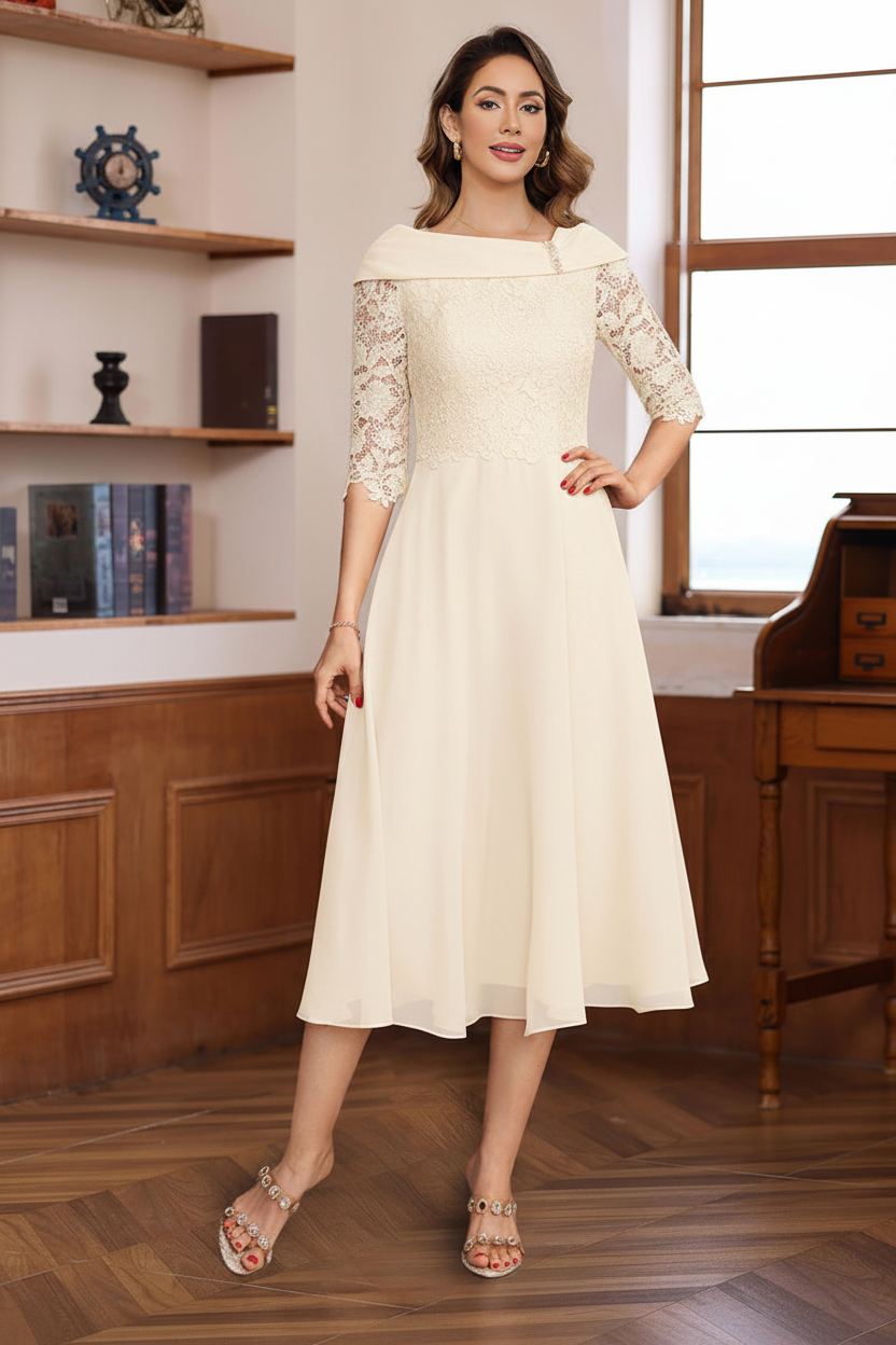 A-Line/Princess V-Neck Half Sleeves Tea Length Mother of the Bride & Groom Dresses with Lace Appliques