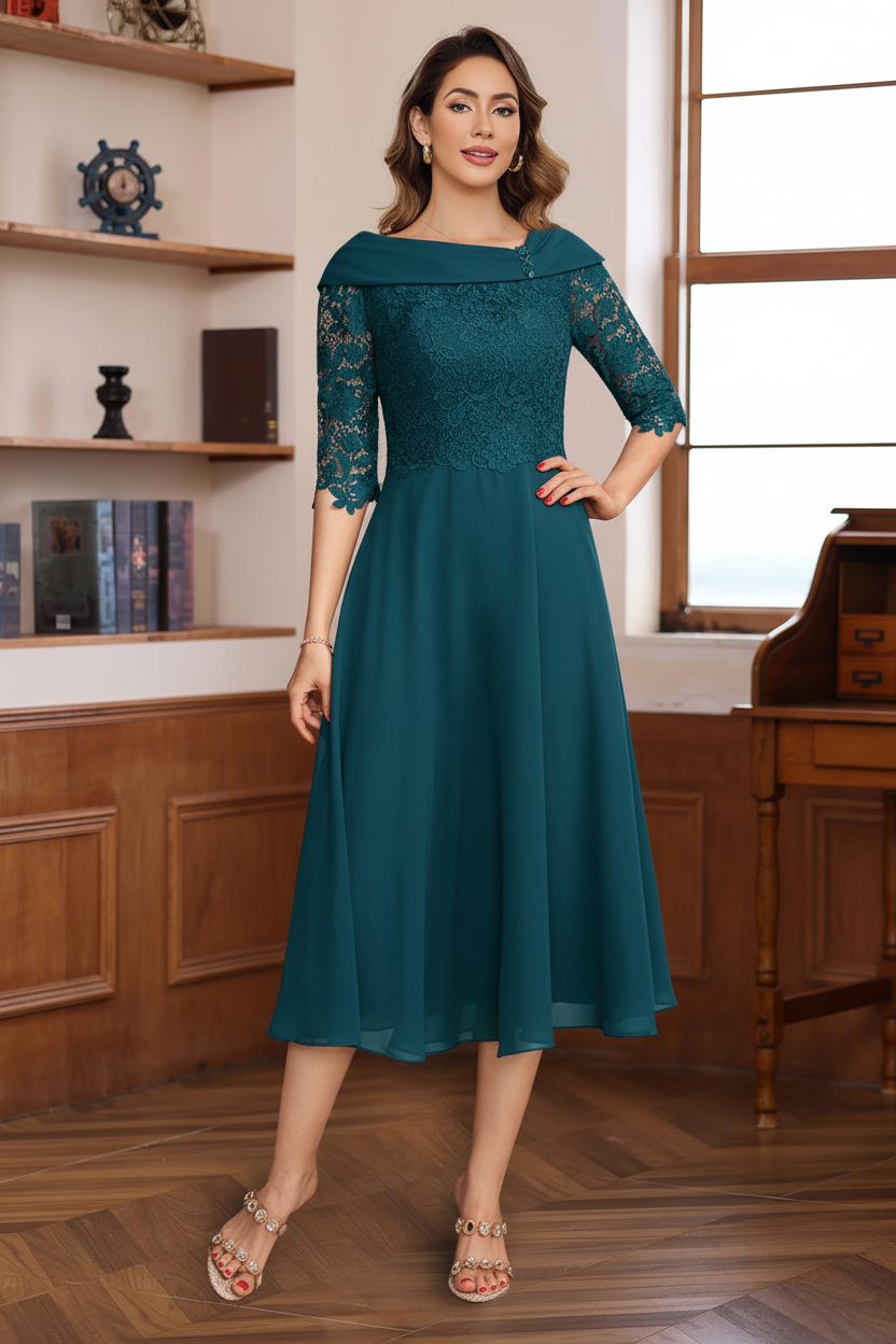 A-Line/Princess V-Neck Half Sleeves Tea Length Mother of the Bride & Groom Dresses with Lace Appliques