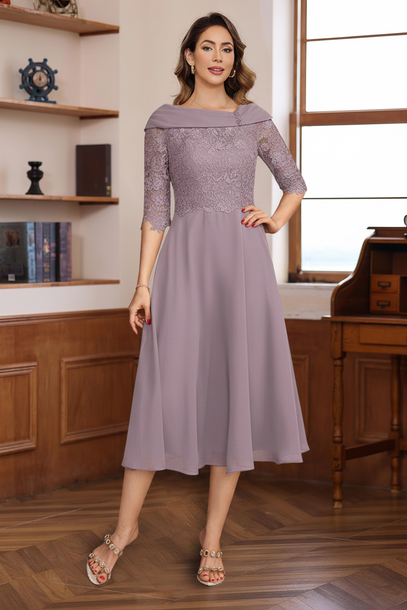 A-Line/Princess V-Neck Half Sleeves Tea Length Mother of the Bride & Groom Dresses with Lace Appliques