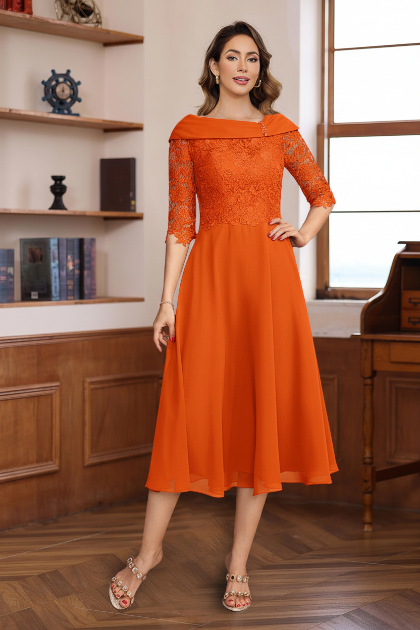 A-Line/Princess V-Neck Half Sleeves Tea Length Mother of the Bride & Groom Dresses with Lace Appliques