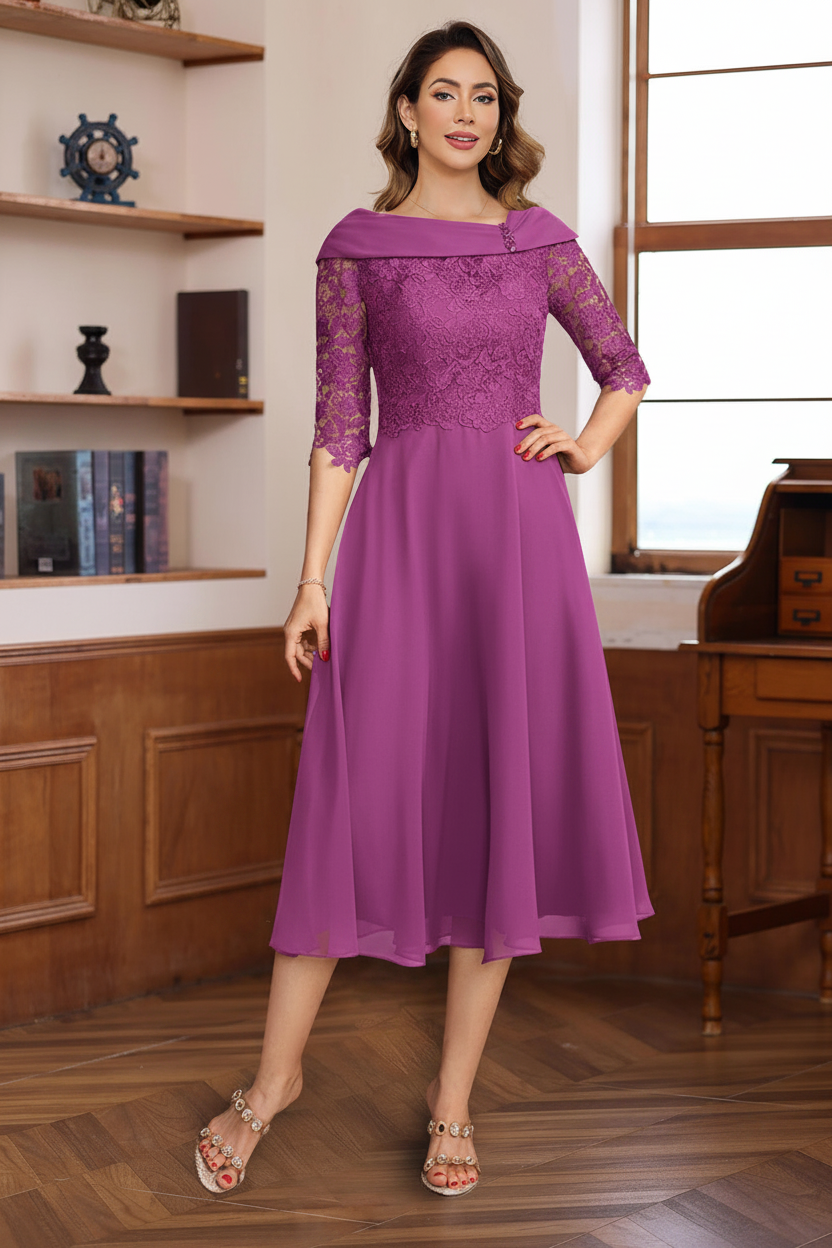 A-Line/Princess V-Neck Half Sleeves Tea Length Mother of the Bride & Groom Dresses with Lace Appliques
