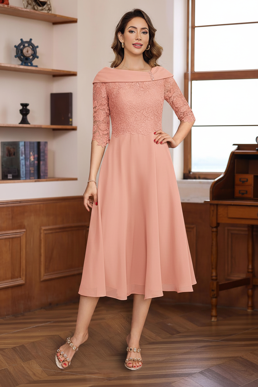 A-Line/Princess V-Neck Half Sleeves Tea Length Mother of the Bride & Groom Dresses with Lace Appliques