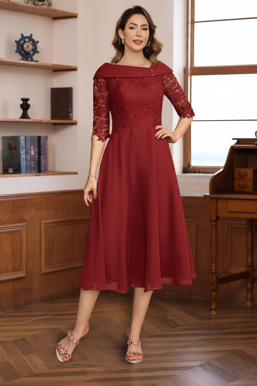 A-Line/Princess V-Neck Half Sleeves Tea Length Mother of the Bride & Groom Dresses with Lace Appliques