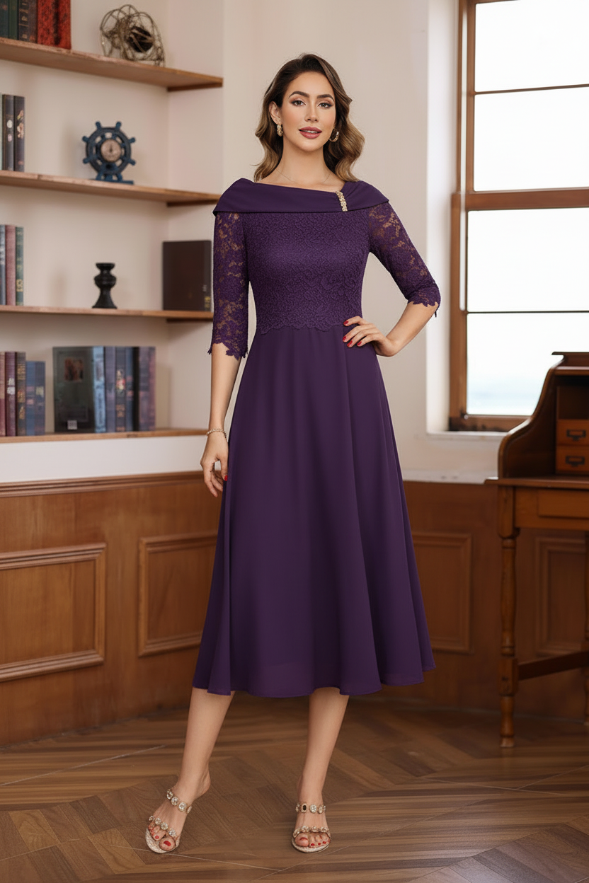A-Line/Princess V-Neck Half Sleeves Tea Length Mother of the Bride & Groom Dresses with Lace Appliques