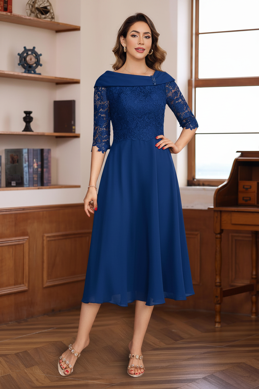 A-Line/Princess V-Neck Half Sleeves Tea Length Mother of the Bride & Groom Dresses with Lace Appliques