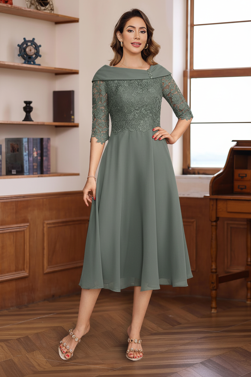 A-Line/Princess V-Neck Half Sleeves Tea Length Mother of the Bride & Groom Dresses with Lace Appliques