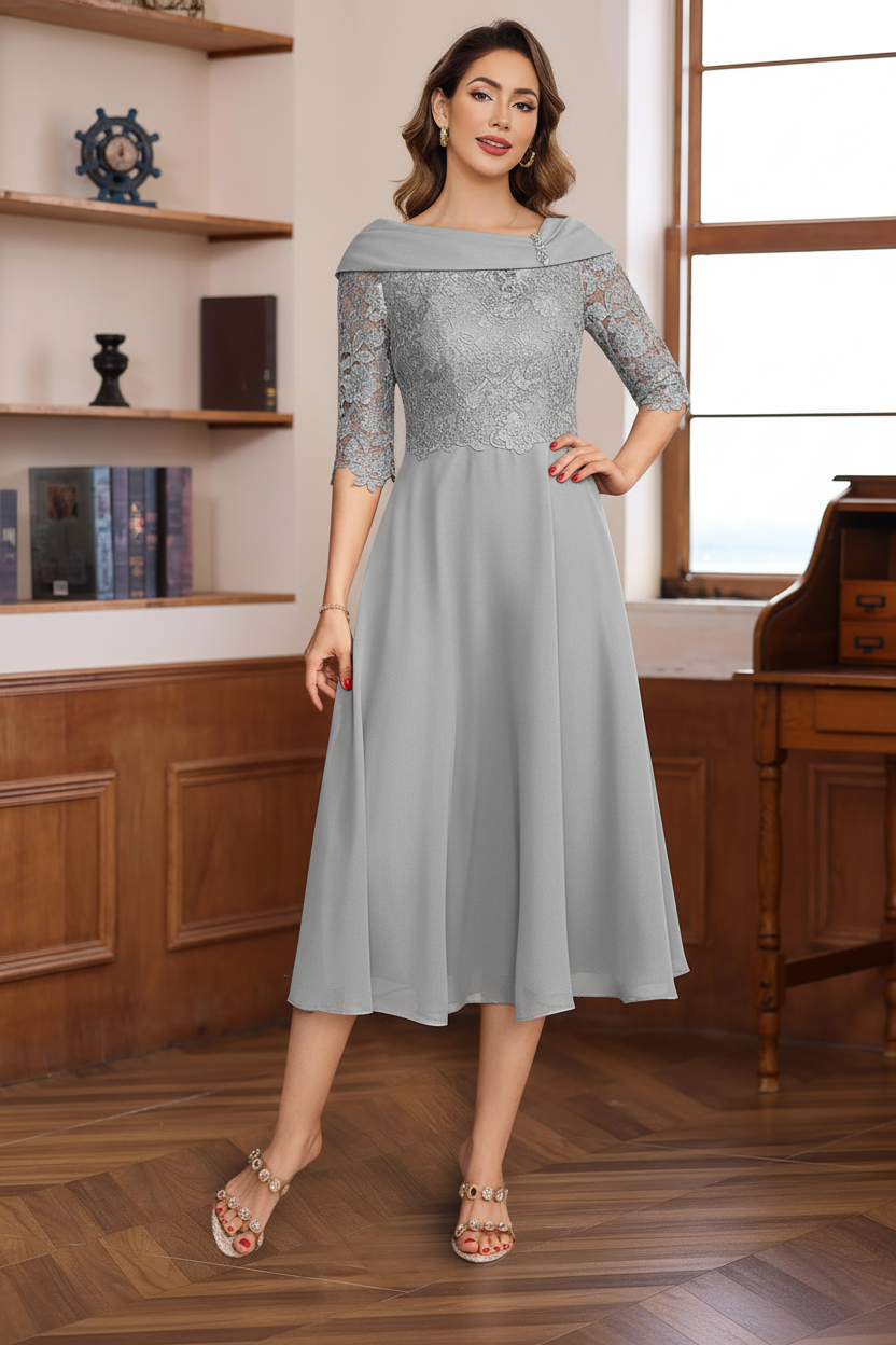 A-Line/Princess V-Neck Half Sleeves Tea Length Mother of the Bride & Groom Dresses with Lace Appliques