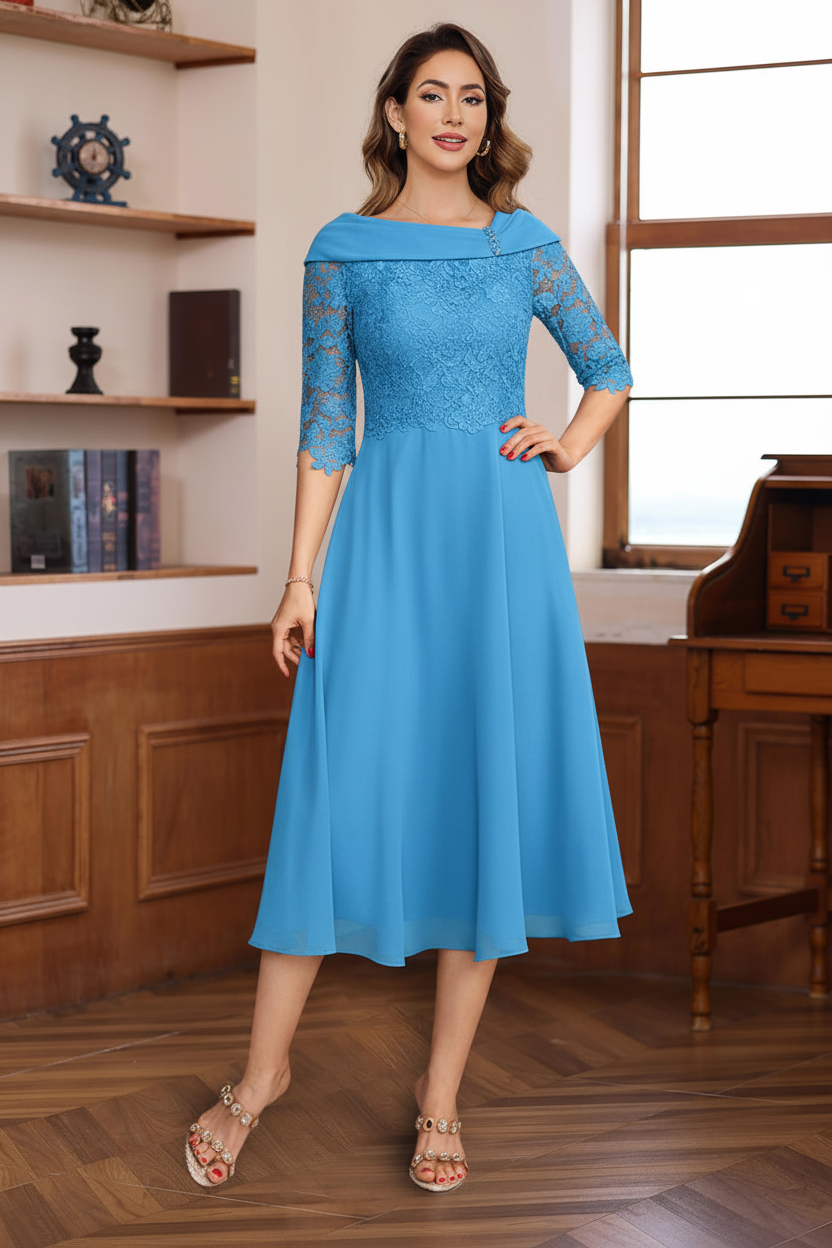 A-Line/Princess V-Neck Half Sleeves Tea Length Mother of the Bride & Groom Dresses with Lace Appliques
