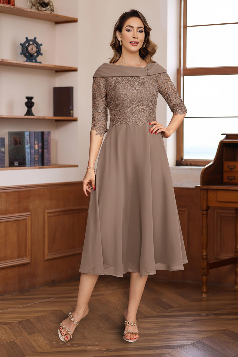 A-Line/Princess V-Neck Half Sleeves Tea Length Mother of the Bride & Groom Dresses with Lace Appliques