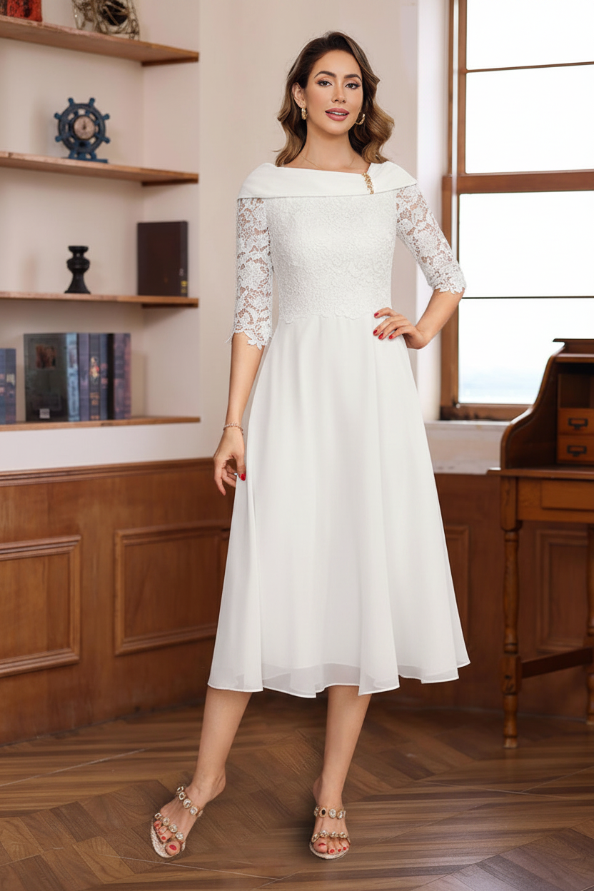 A-Line/Princess V-Neck Half Sleeves Tea Length Mother of the Bride & Groom Dresses with Lace Appliques