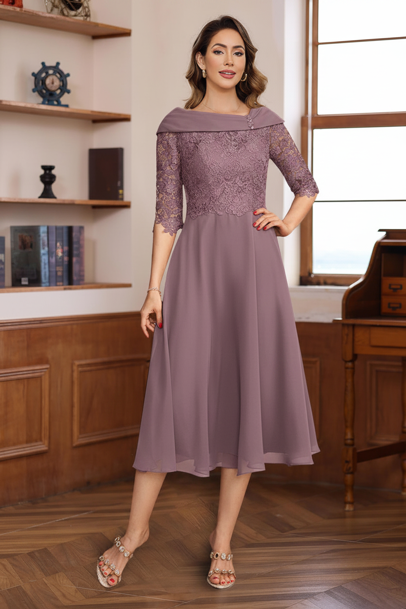 A-Line/Princess V-Neck Half Sleeves Tea Length Mother of the Bride & Groom Dresses with Lace Appliques