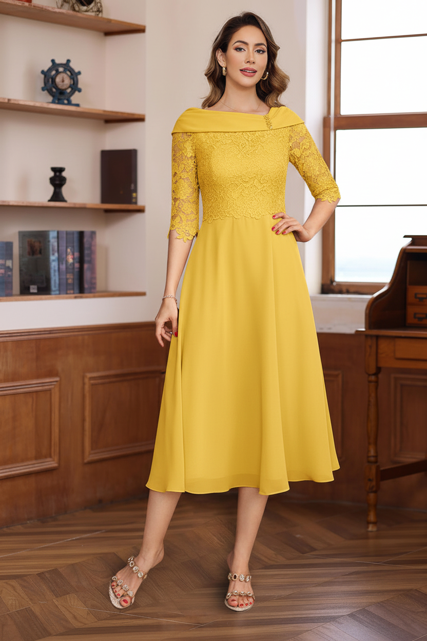 A-Line/Princess V-Neck Half Sleeves Tea Length Mother of the Bride & Groom Dresses with Lace Appliques