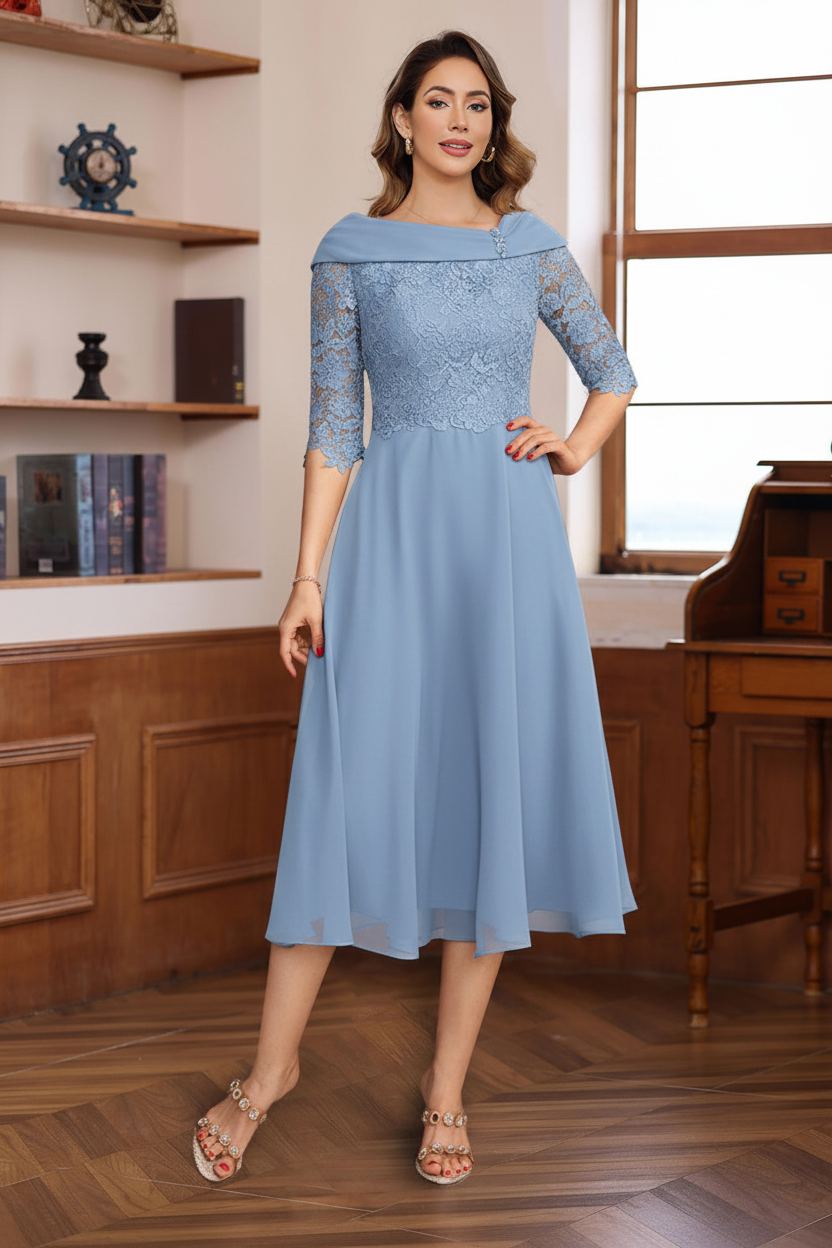 A-Line/Princess V-Neck Half Sleeves Tea Length Mother of the Bride & Groom Dresses with Lace Appliques