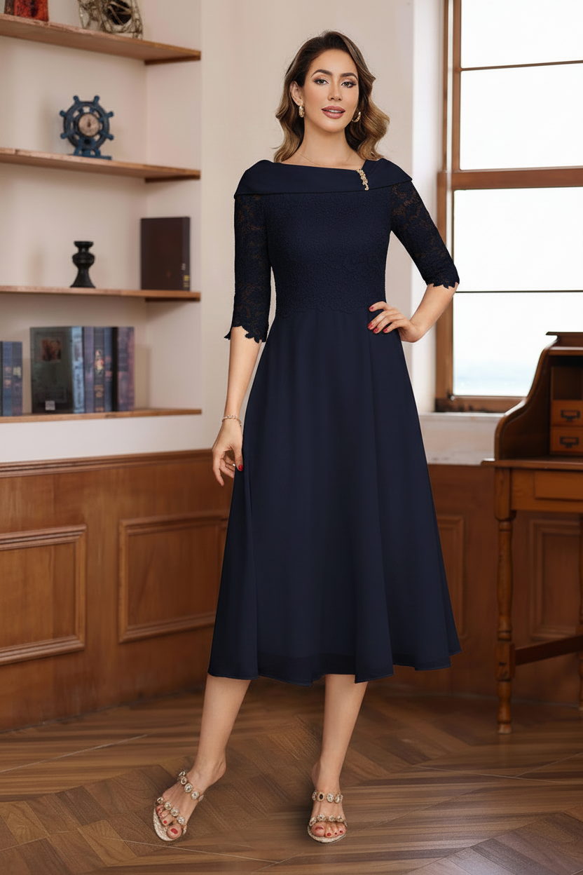A-Line/Princess V-Neck Half Sleeves Tea Length Mother of the Bride & Groom Dresses with Lace Appliques