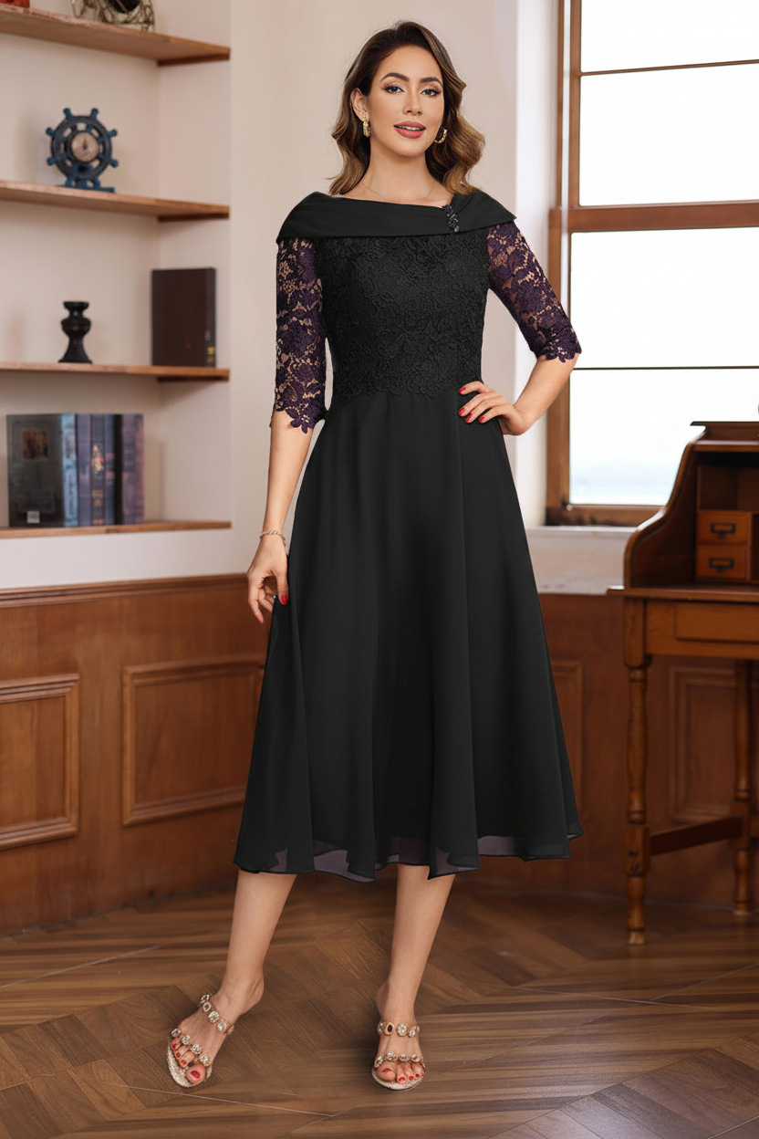 A-Line/Princess V-Neck Half Sleeves Tea Length Mother of the Bride & Groom Dresses with Lace Appliques