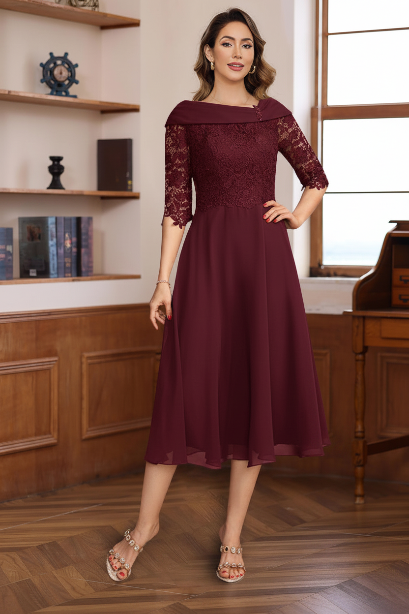A-Line/Princess V-Neck Half Sleeves Tea Length Mother of the Bride & Groom Dresses with Lace Appliques
