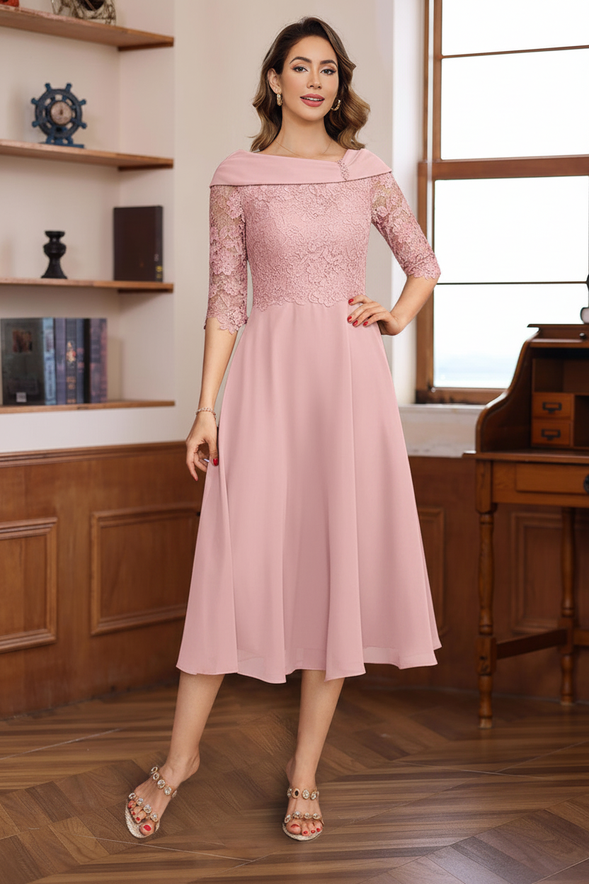 A-Line/Princess V-Neck Half Sleeves Tea Length Mother of the Bride & Groom Dresses with Lace Appliques