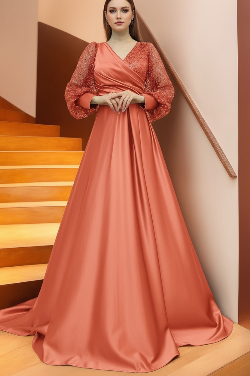 A Line/Princess V-Neck Long Sleeves Floor Length Long Mother of the Bride Dresses With Sequins & Ruffles