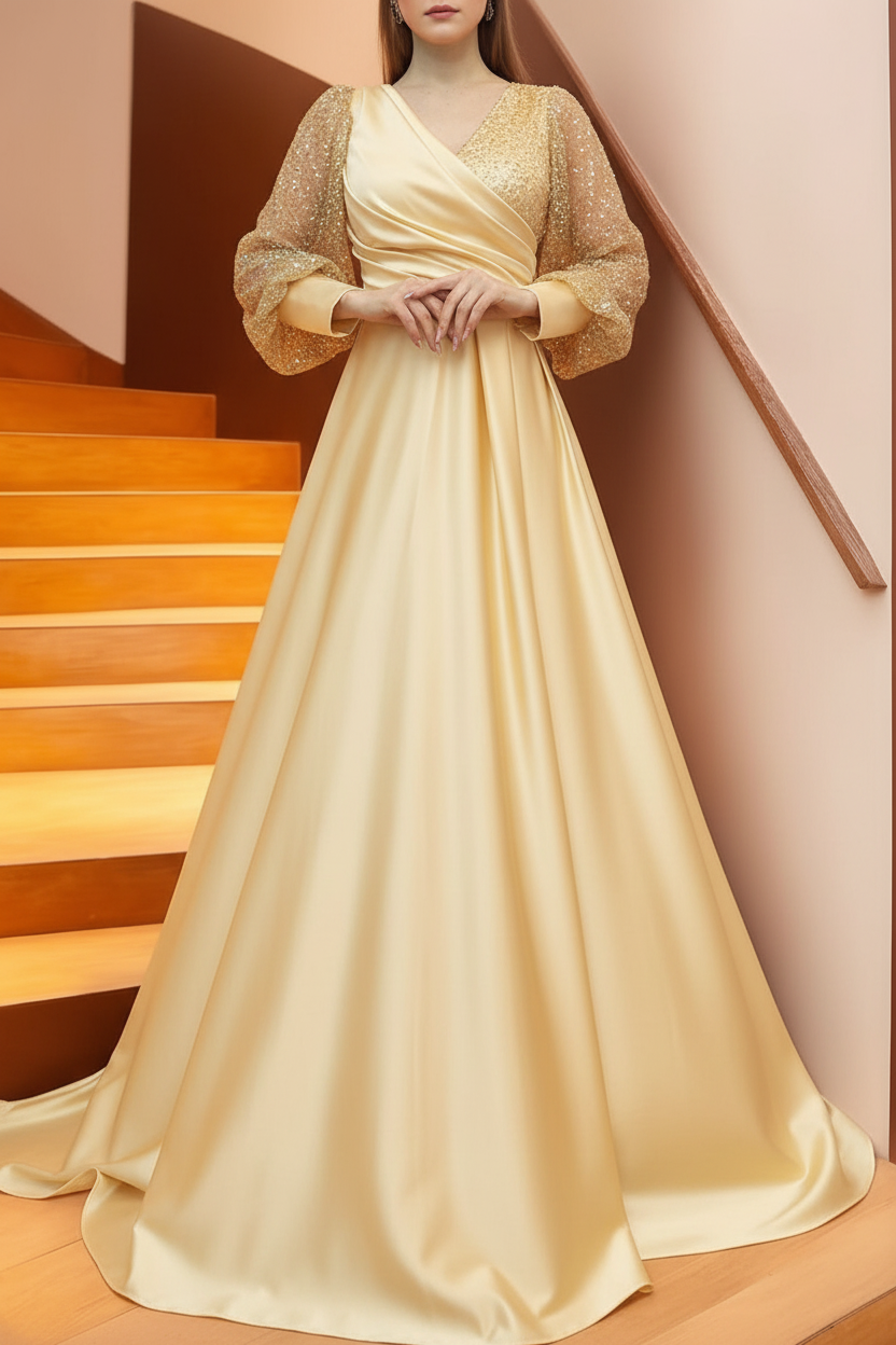 A Line/Princess V-Neck Long Sleeves Floor Length Long Mother of the Bride Dresses With Sequins & Ruffles