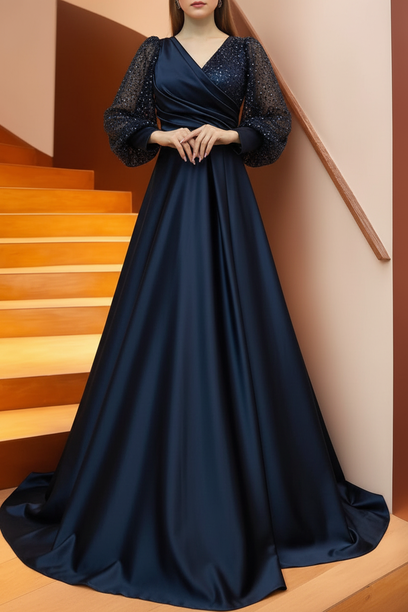 A Line/Princess V-Neck Long Sleeves Floor Length Long Mother of the Bride Dresses With Sequins & Ruffles