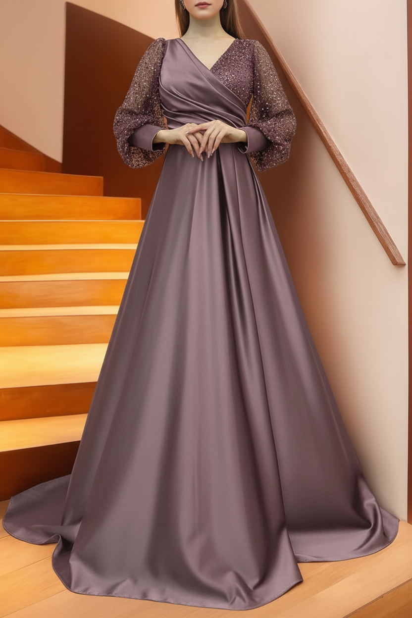A Line/Princess V-Neck Long Sleeves Floor Length Long Mother of the Bride Dresses With Sequins & Ruffles