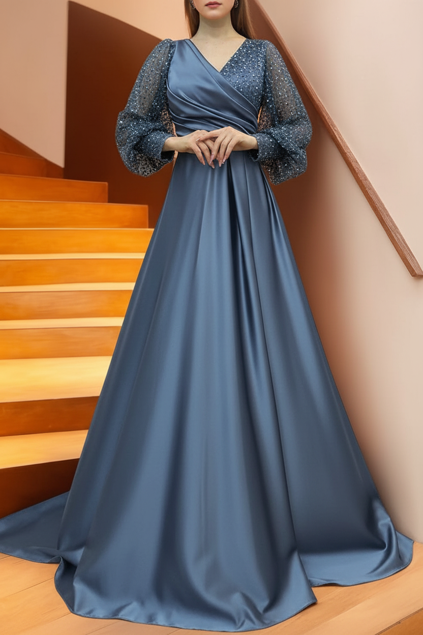 A Line/Princess V-Neck Long Sleeves Floor Length Long Mother of the Bride Dresses With Sequins & Ruffles