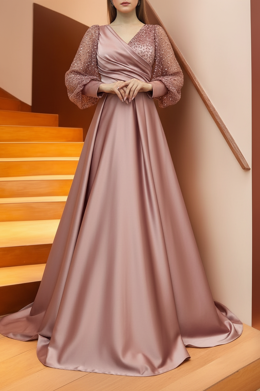 A Line/Princess V-Neck Long Sleeves Floor Length Long Mother of the Bride Dresses With Sequins & Ruffles
