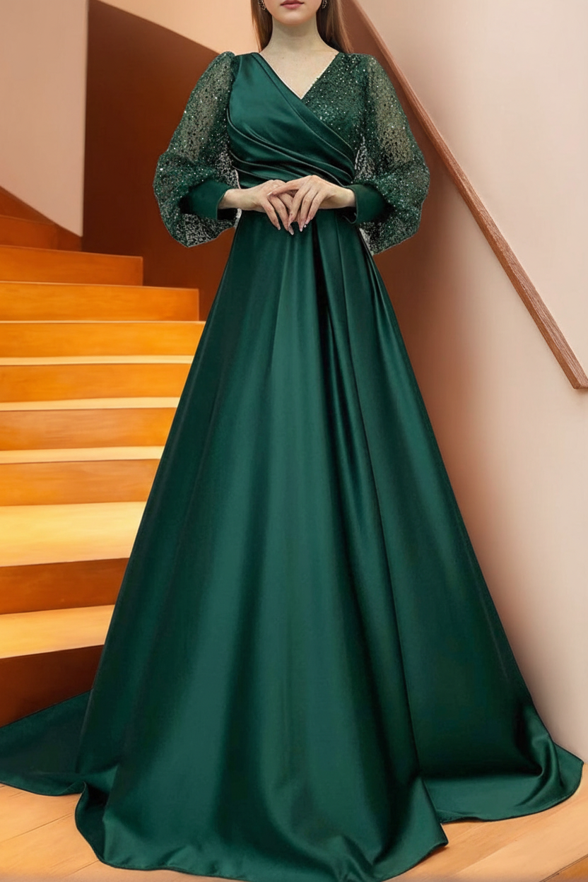 A Line/Princess V-Neck Long Sleeves Floor Length Long Mother of the Bride Dresses With Sequins & Ruffles