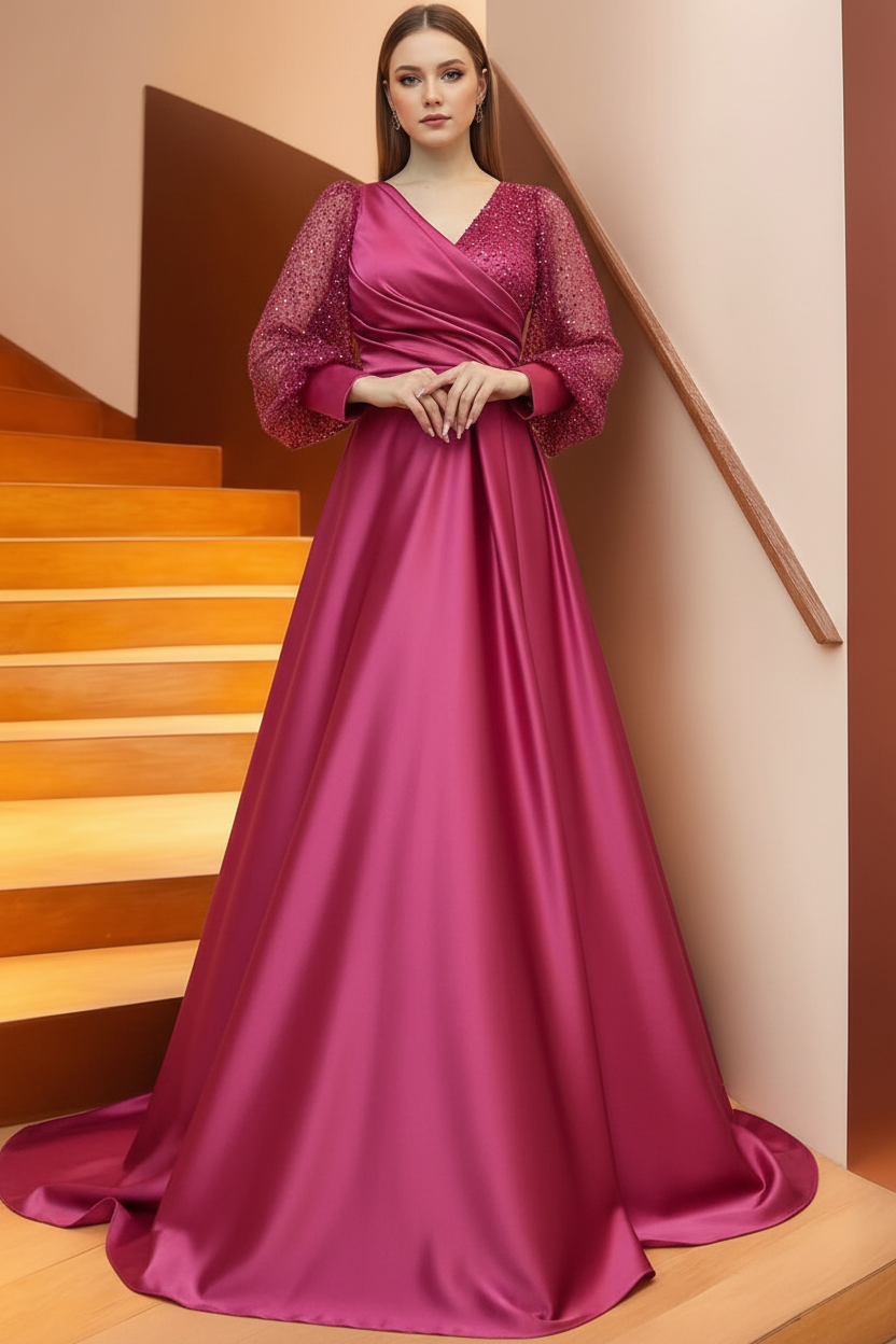 A Line/Princess V-Neck Long Sleeves Floor Length Long Mother of the Bride Dresses With Sequins & Ruffles
