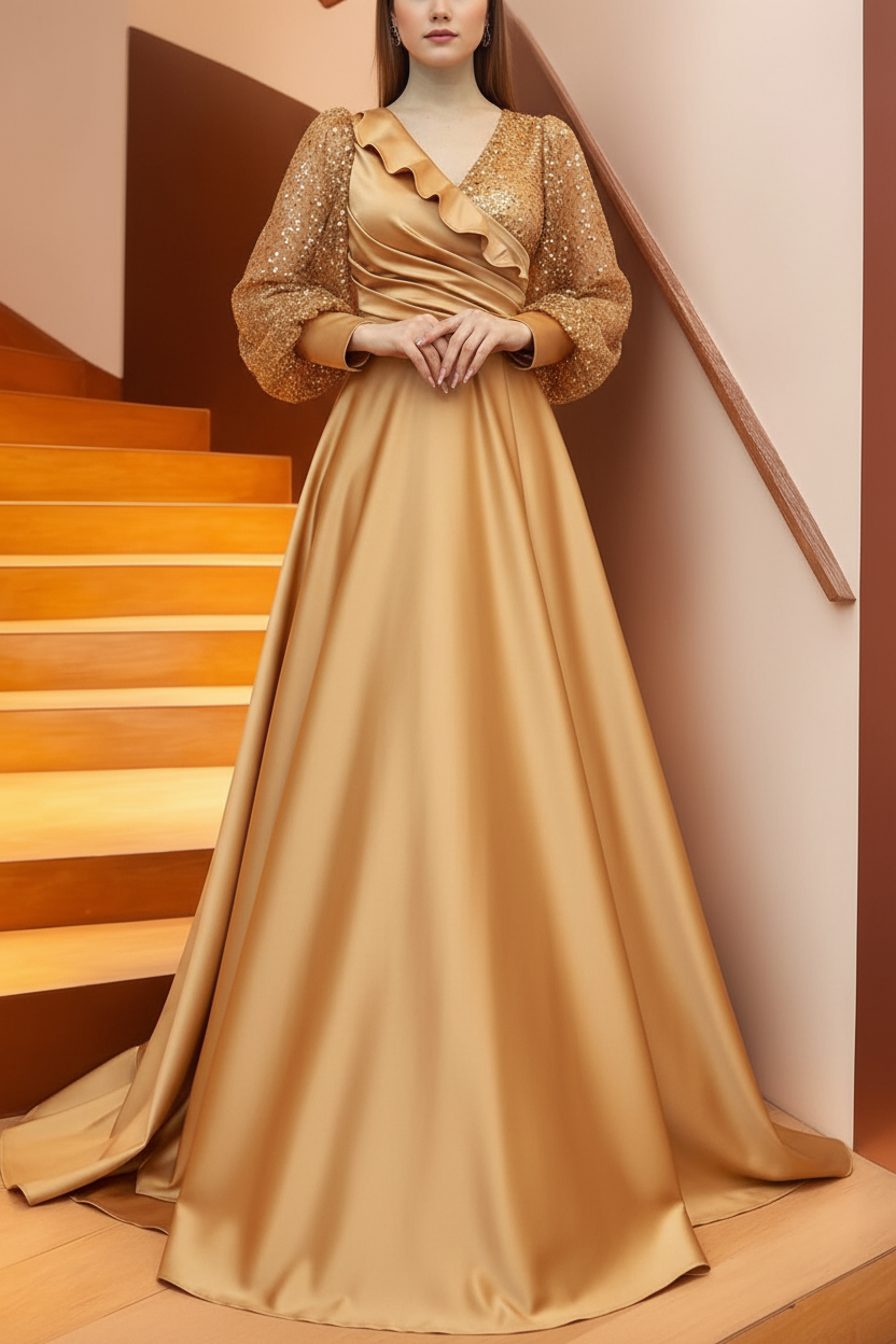 A Line/Princess V-Neck Long Sleeves Floor Length Long Mother of the Bride Dresses With Sequins & Ruffles
