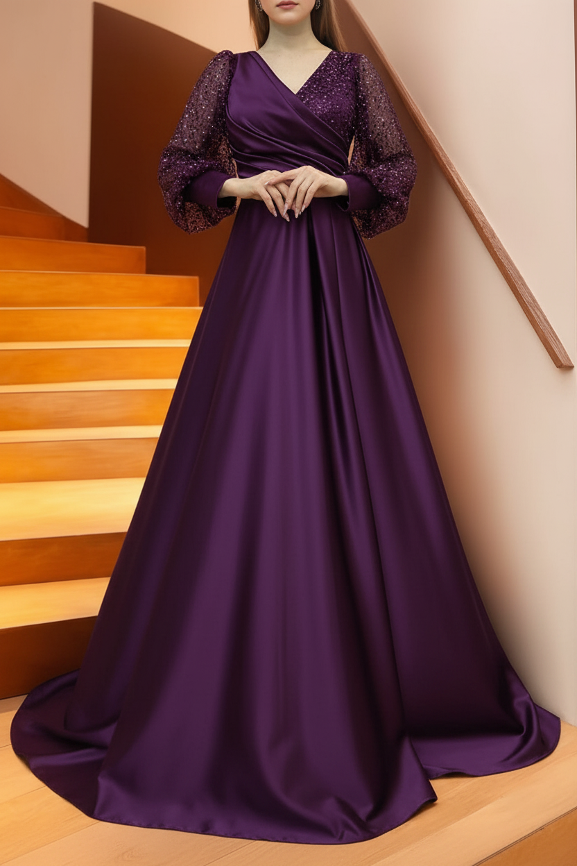 A Line/Princess V-Neck Long Sleeves Floor Length Long Mother of the Bride Dresses With Sequins & Ruffles