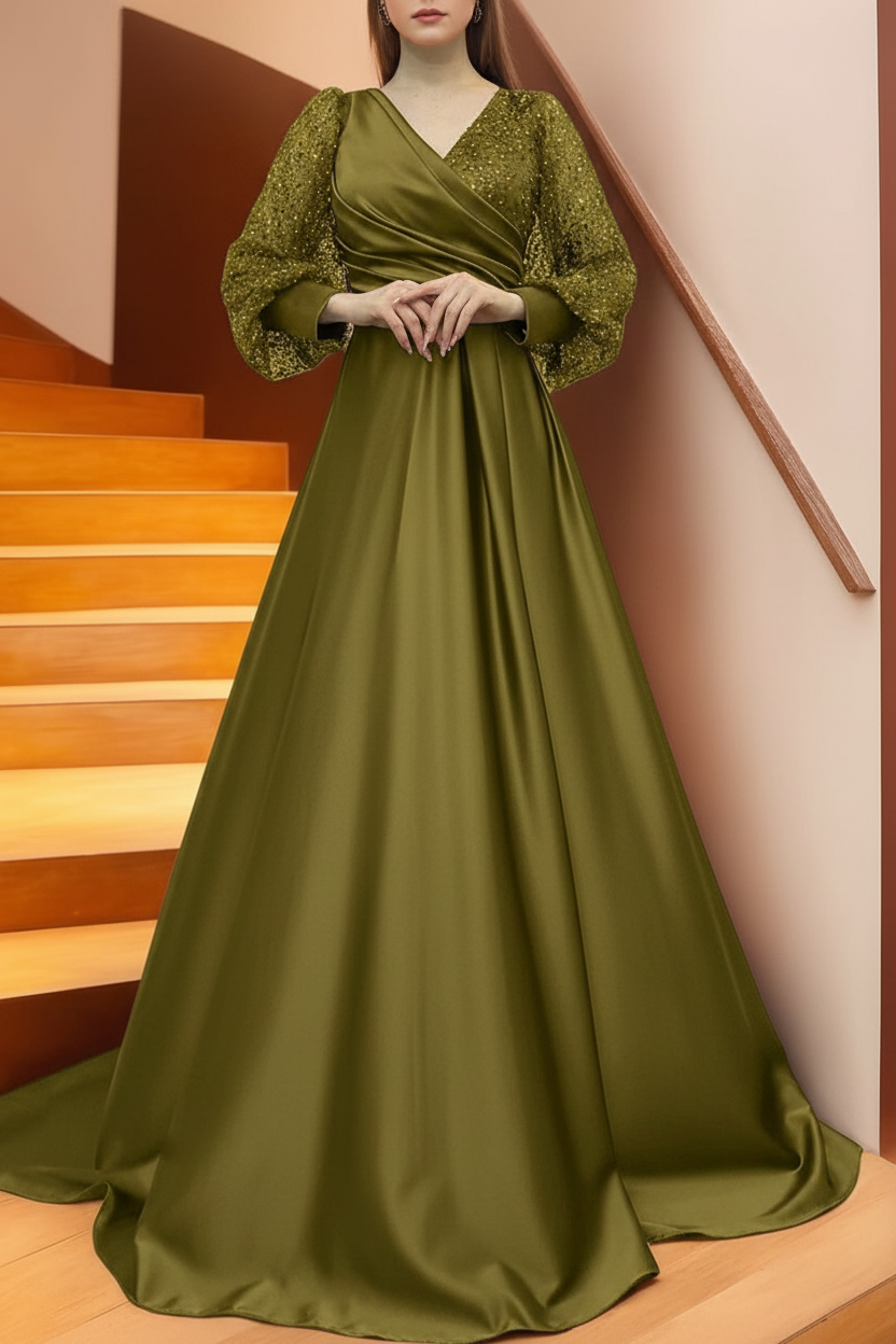 A Line/Princess V-Neck Long Sleeves Floor Length Long Mother of the Bride Dresses With Sequins & Ruffles