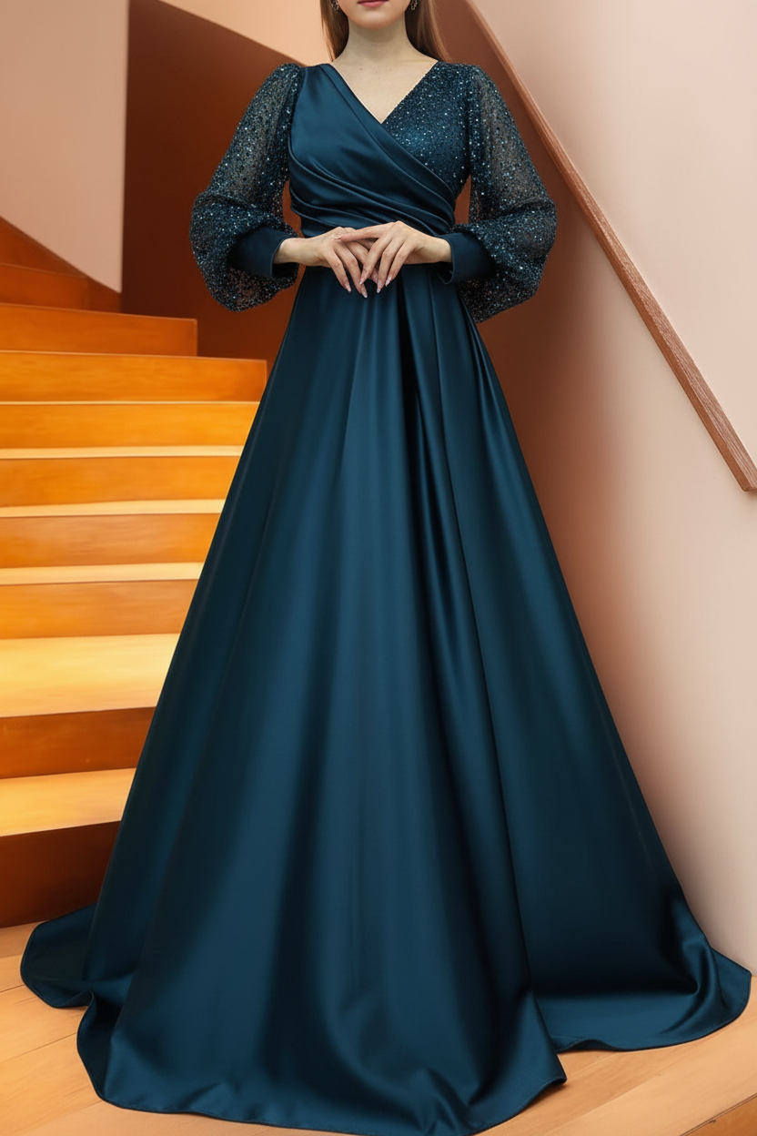 A Line/Princess V-Neck Long Sleeves Floor Length Long Mother of the Bride Dresses With Sequins & Ruffles