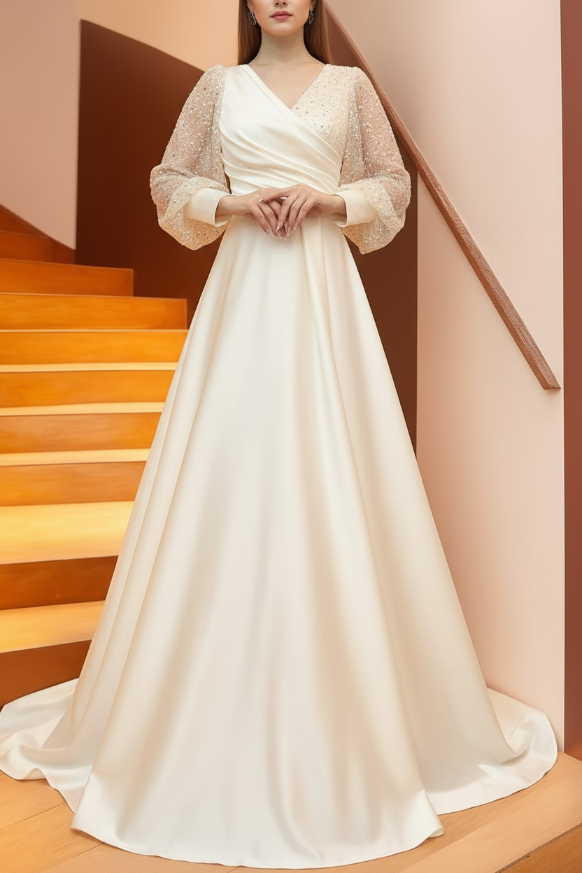 A Line/Princess V-Neck Long Sleeves Floor Length Long Mother of the Bride Dresses With Sequins & Ruffles