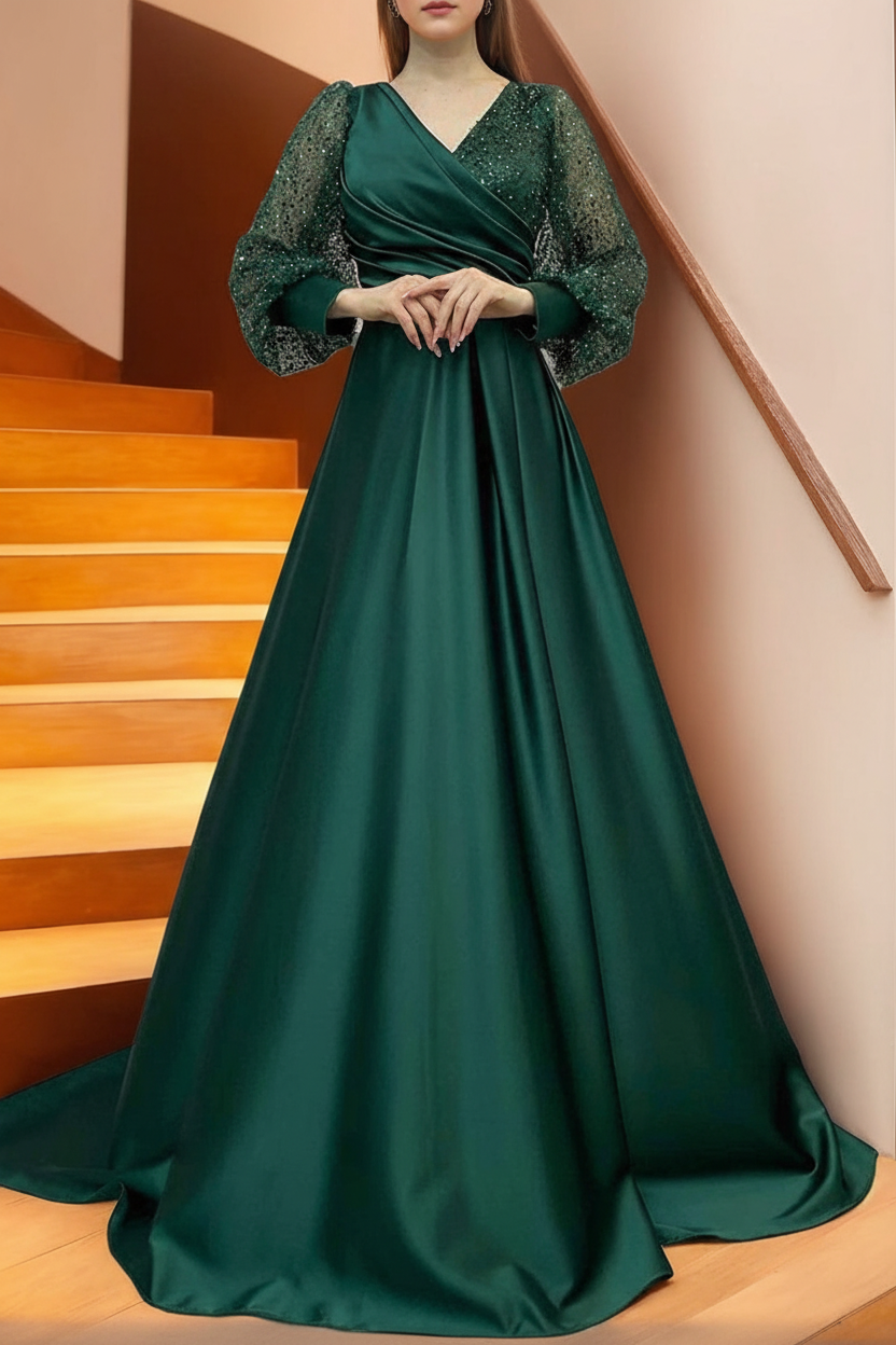 A Line/Princess V-Neck Long Sleeves Floor Length Long Mother of the Bride Dresses With Sequins & Ruffles
