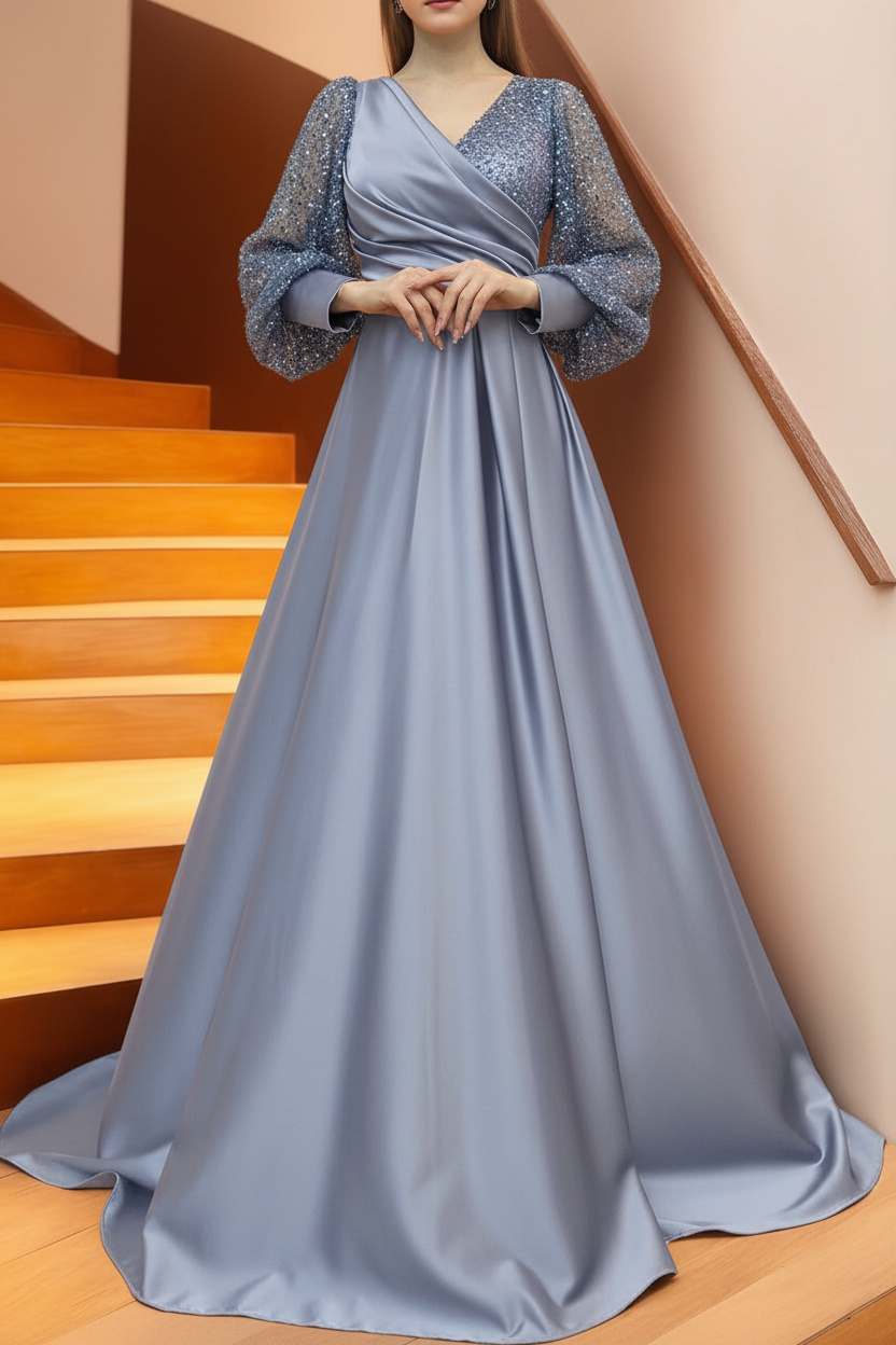 A Line/Princess V-Neck Long Sleeves Floor Length Long Mother of the Bride Dresses With Sequins & Ruffles