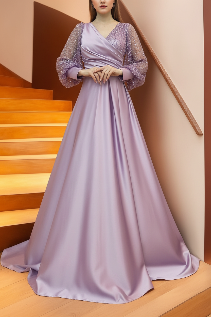 A Line/Princess V-Neck Long Sleeves Floor Length Long Mother of the Bride Dresses With Sequins & Ruffles