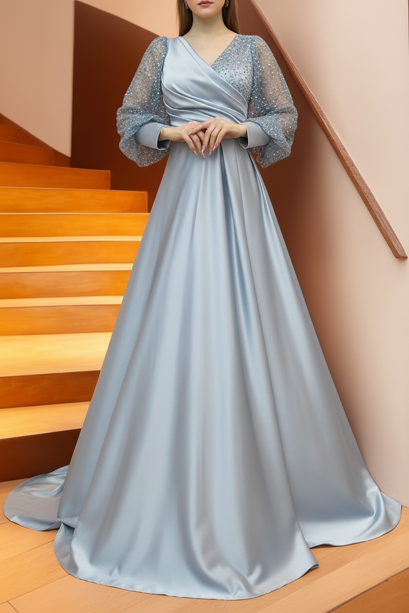 A Line/Princess V-Neck Long Sleeves Floor Length Long Mother of the Bride Dresses With Sequins & Ruffles