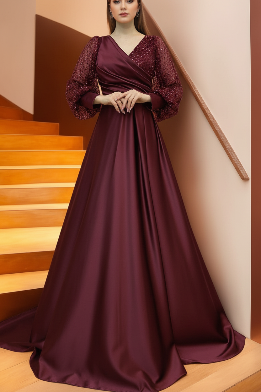 A Line/Princess V-Neck Long Sleeves Floor Length Long Mother of the Bride Dresses With Sequins & Ruffles