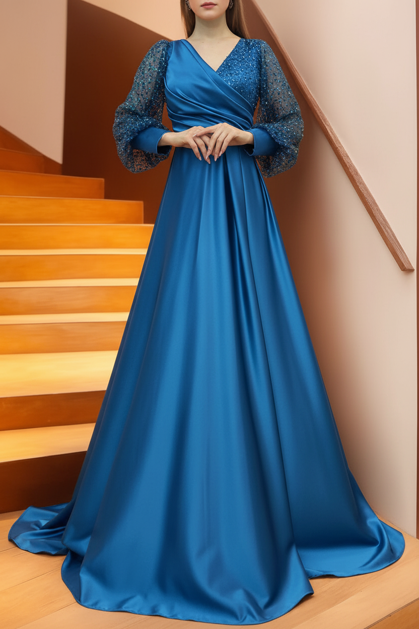 A Line/Princess V-Neck Long Sleeves Floor Length Long Mother of the Bride Dresses With Sequins & Ruffles