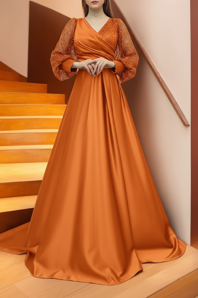 A Line/Princess V-Neck Long Sleeves Floor Length Long Mother of the Bride Dresses With Sequins & Ruffles