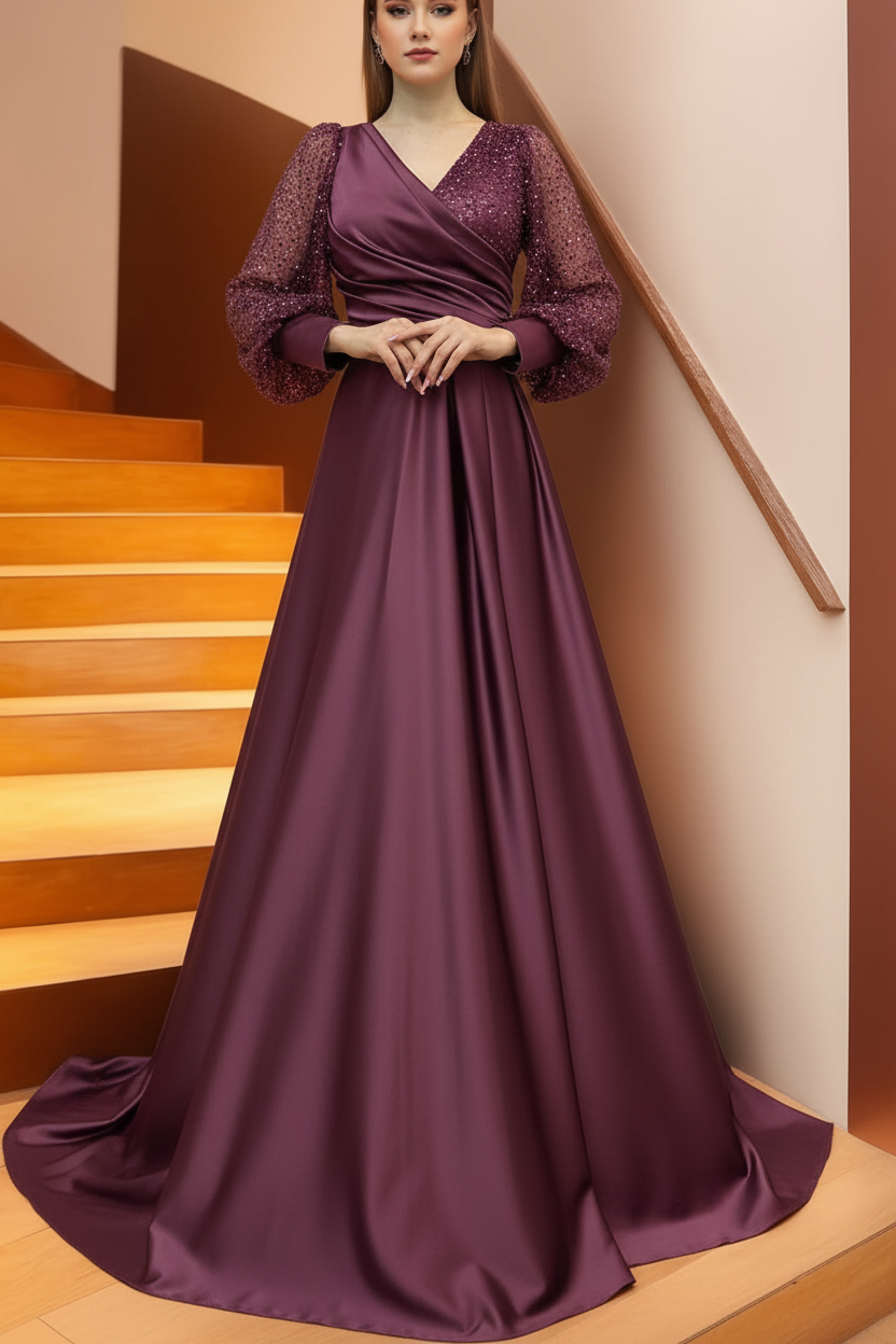 A Line/Princess V-Neck Long Sleeves Floor Length Long Mother of the Bride Dresses With Sequins & Ruffles