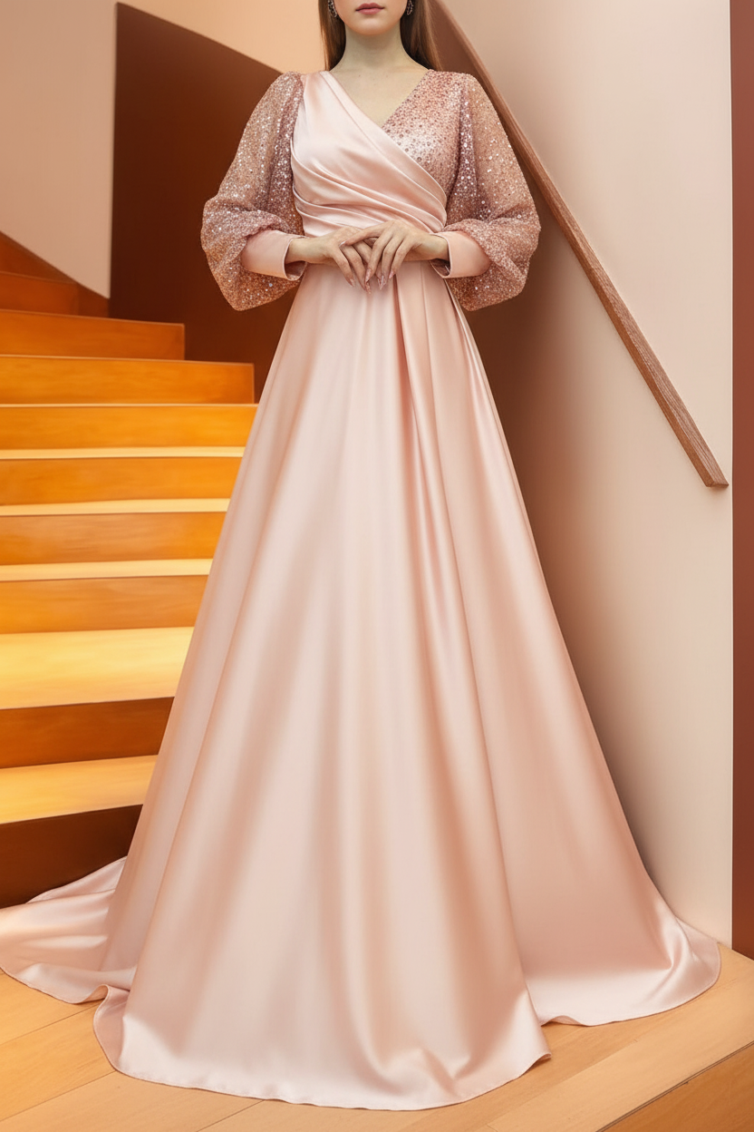 A Line/Princess V-Neck Long Sleeves Floor Length Long Mother of the Bride Dresses With Sequins & Ruffles