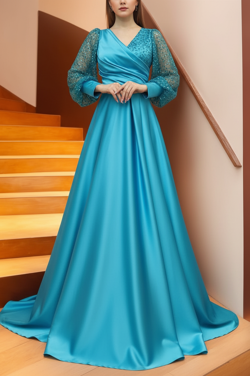 A Line/Princess V-Neck Long Sleeves Floor Length Long Mother of the Bride Dresses With Sequins & Ruffles