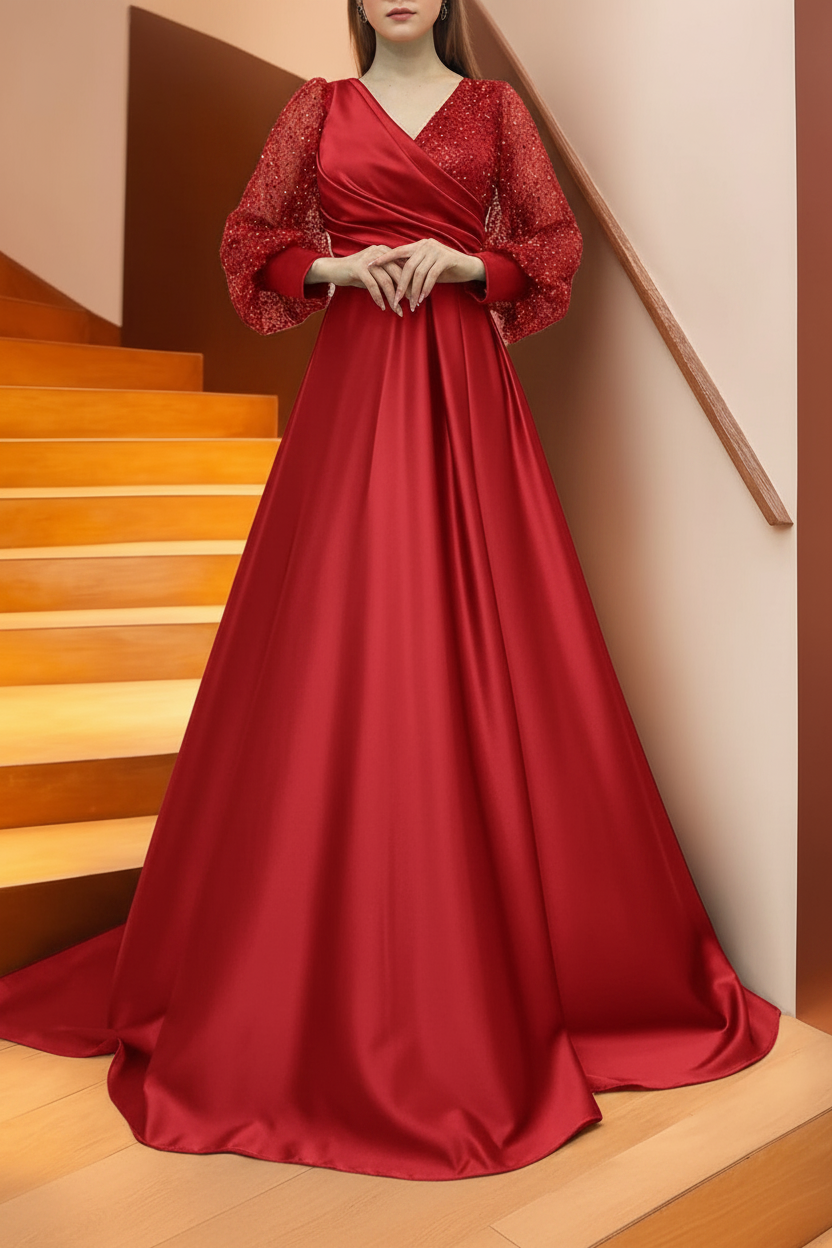 A Line/Princess V-Neck Long Sleeves Floor Length Long Mother of the Bride Dresses With Sequins & Ruffles