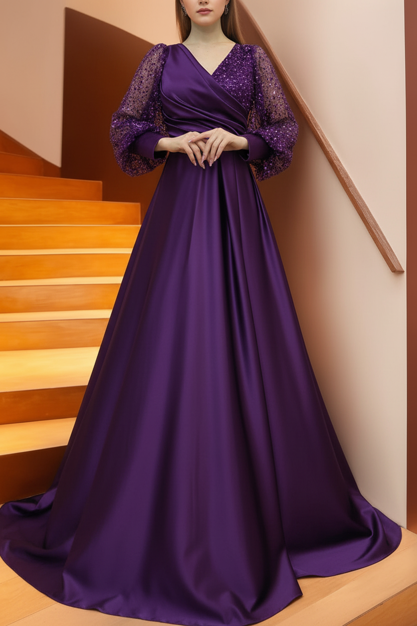 A Line/Princess V-Neck Long Sleeves Floor Length Long Mother of the Bride Dresses With Sequins & Ruffles