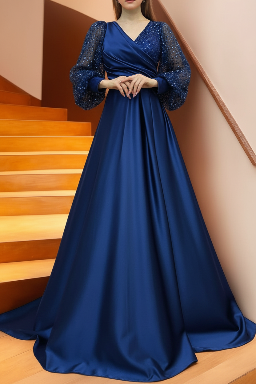 A Line/Princess V-Neck Long Sleeves Floor Length Long Mother of the Bride Dresses With Sequins & Ruffles