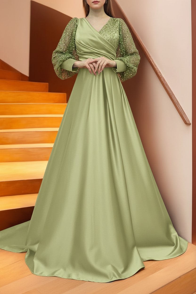 A Line/Princess V-Neck Long Sleeves Floor Length Long Mother of the Bride Dresses With Sequins & Ruffles