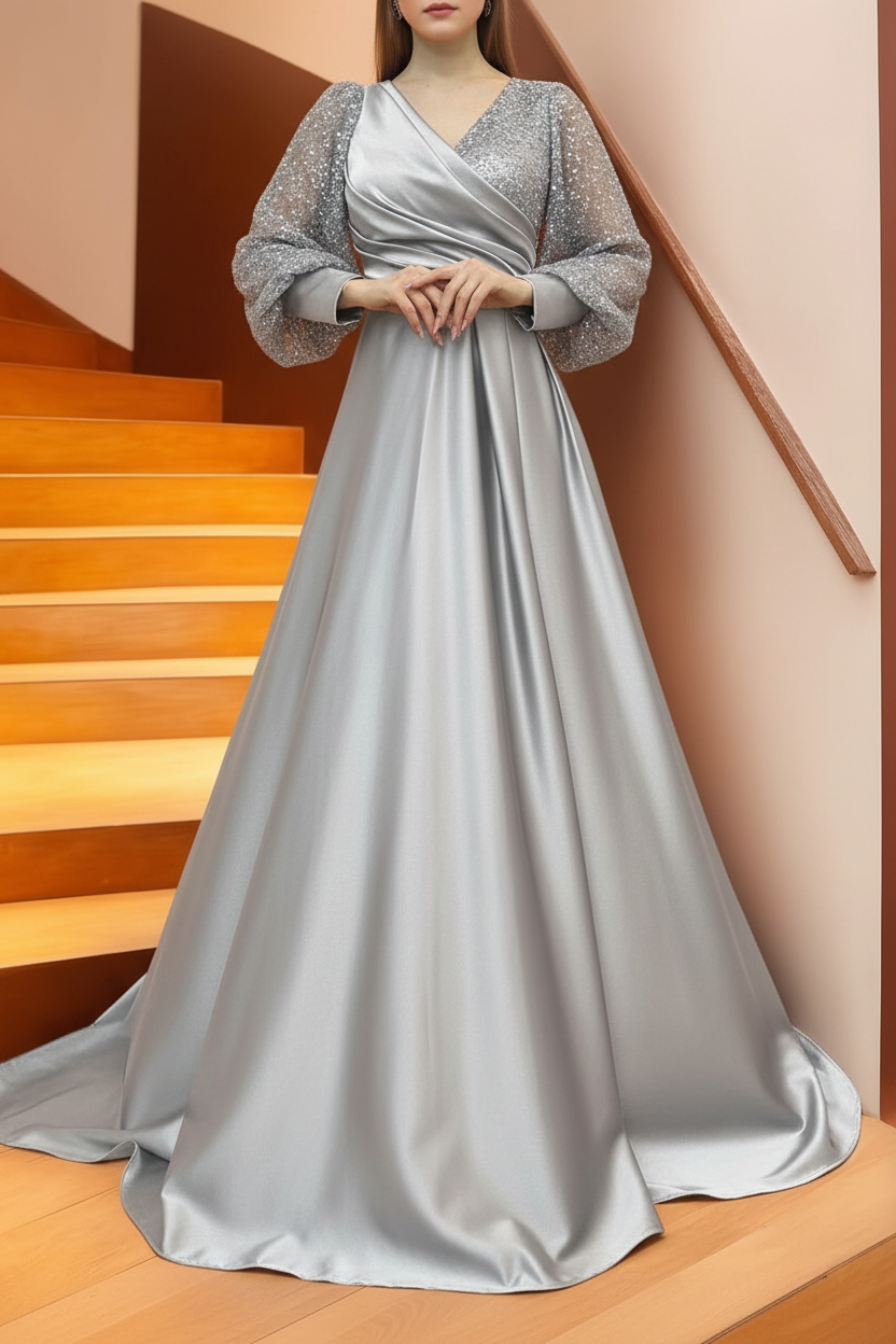 A Line/Princess V-Neck Long Sleeves Floor Length Long Mother of the Bride Dresses With Sequins & Ruffles