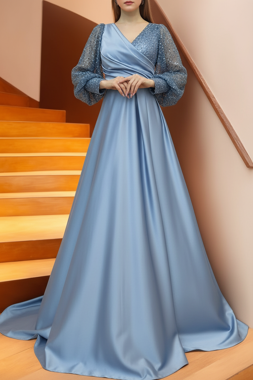A Line/Princess V-Neck Long Sleeves Floor Length Long Mother of the Bride Dresses With Sequins & Ruffles